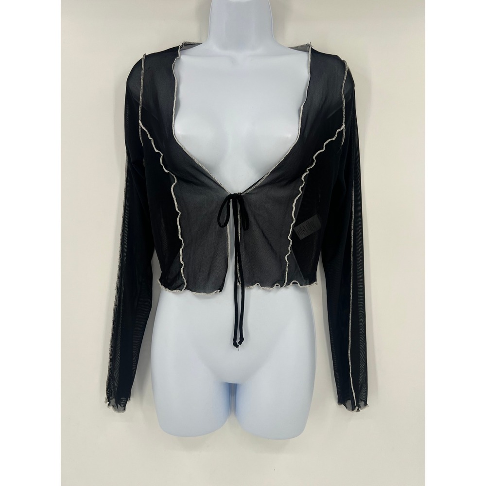 Blue Blush‎ Sheer Mesh Tie Front Crop Top Black Contrast Lettuce Edge Small